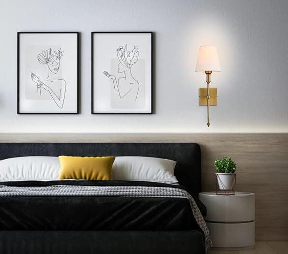 Enyhom 2 Stücke E27 Wandleuchten Innen Vintage Flur Wandlampe Deko Gold Industrial Wandlampe mit Weißem Stoffschirm für Spiegel, Wohnzimmer, Schlafzimmer und Treppe (Ohne Glühbirne) thumbnail 6