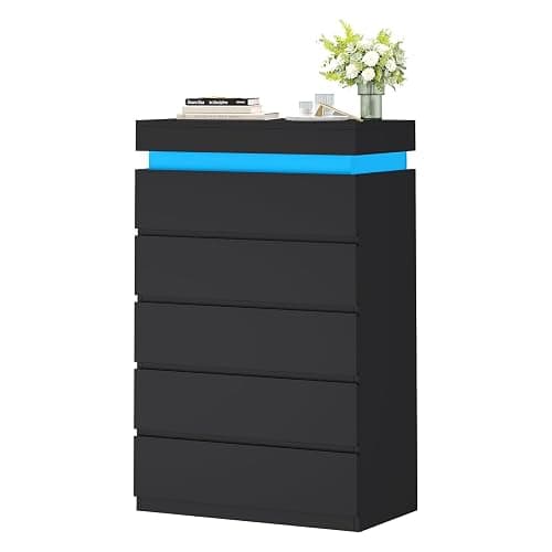 HAUOMS Tall 5 Drawer Dresser with LED Light, Black Modern Chest of Drawers for Bedroom,Closet Dressers with Drawers for Living Room, Entryway, Hallway thumbnail 8