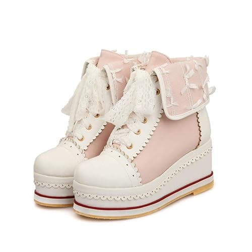 HILIB Women's Cute Lolita Boots Cosplay Brogue Wedge Boots - Image 1