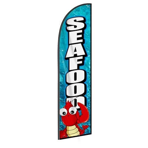 Seafood Feather Flag Banner - 11.5x2.5 Ft Advertising Swooper Flag for Outdoor Business and Events Promotion - Seafood Signs Windless Full Sleeve Banner for Restaurants, Diners, Markets (Only Flag) - Image 1