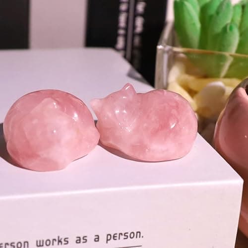 QINJIEJIE Rose Quartz Cat Decor Pink Gift Crystals Sleeping Cat Statue Stone Figurine Polished Gemstones Decors Office Room Home Desk Healing Valentines Decors for Women Cats Decor Stocking Stuffers thumbnail 5