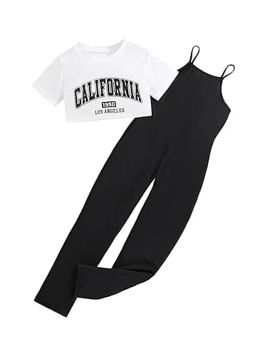 Hilinker Girl's 2 Piece Outfits Graphic Short Sleeve Crop Top and Cami Jumpsuit Set