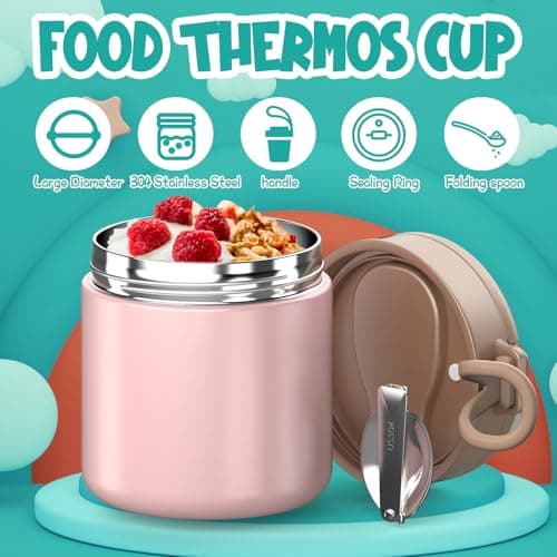 Thermo for Hot Food Kids - 15.2oz, Leak Proof Insulated Food Jar, Soup Thermo, Insulated Lunch Containers, Termos Para Comida Caliente, Wide Mouth Lunch Box with Folding Spoon and Handle thumbnail 7