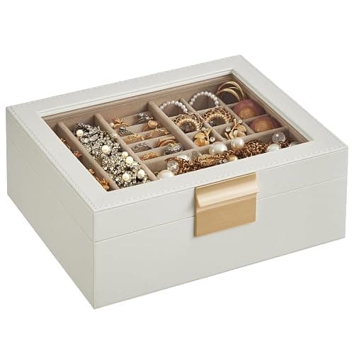 SONGMICS Jewelry Box with Glass Lid, 2-Layer Jewelry Organizer with Removable Tray, Jewelry Storage, Modern Style, Gift for Loved Ones, Cloud White and Metallic Gold UJBC238W01 - Image 1