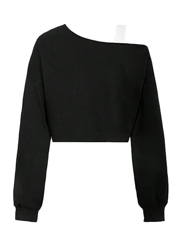 Remidoo Off The Shoulder Tops for Women Cropped Sweatshirt Long Sleeve Top Asymmetrical Patchwork Shirt thumbnail 2