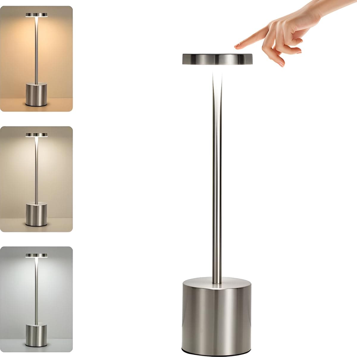 Luminária Dimerizável Touch 3 Cores de Luz E Modo Intensidade, Abajur LED de Mesa Moderno Recarregável Sem Fio para Quarto, Escritório, Leitura, Jantar, Cabeceira de Cama, Decoração (PRATA) - Image 1