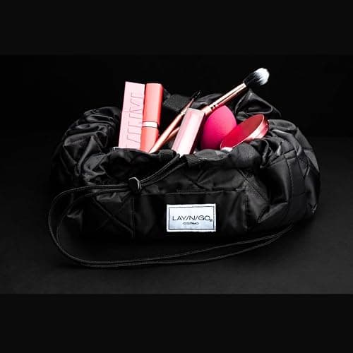 Lay-n-Go Cosmo Layflat Cosmetic & Makeup Bag Organizer - Portable Drawstring Bag w/Zipper Pocket, Brush Storage Loops & More - Durable, Machine Washable Toiletry Bag for Travel (22", Black) thumbnail 2