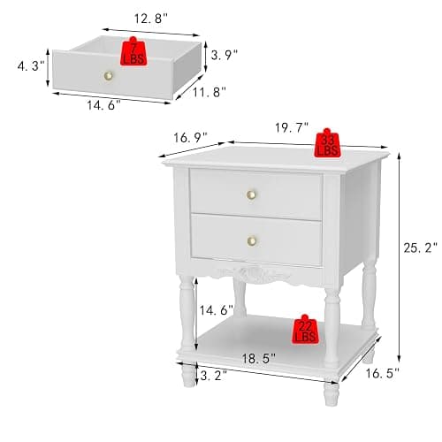 WOODTIME White Accent Nightstand with 2 Drawers, Bottom Shelf & Carve Pattern, Modern Wooden Night Stand Bedside Table, Versatile End Sofa Bed Side Table for Bedroom Living Room thumbnail 2