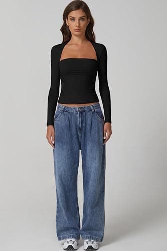 QINSEN Long Sleeve Square Neck Tops for Women Double Lined Side Ruching Going Out Shirts Basic Tee thumbnail 5