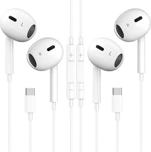 USB C Headphones, 2 Pack Type C Headphones Wired in Ear Earbuds with Mic & Volume Control Noise Cancelling for iPhone 15/16/17,iPad,Samsung Galaxy S25/S24/S23/S22/S21,Pixel 7/6,White - Image 1