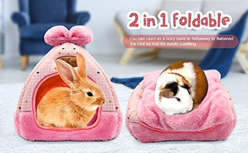 YUEPET Bunny Bed, Rabbit Hideout, Guinea Pig Cave Bed, Pink Grid | Bunny Hideout, Enclosed Cave Design, Removable Cushion, Foldable Rabbit Hideaway Design, Pink Grid with Bow, Indoor Cage Use thumbnail 3