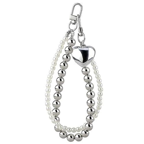 Y2K Keychain Clip Bag Charms White Pearl Silver Bead Heart Pendant Car Key Chain Purse Charms Aesthetic Keychain For Backpack Double Chain Keychain Wristlet Key Chains Women Cute Keychain Accessories