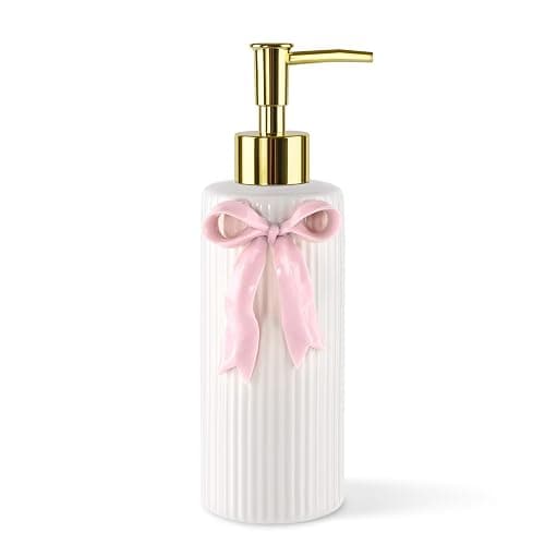 NEWHENGS Handmade Ceramic Cute Bow Hand Soap Dispenser,Ribbon Pink | Cute Coquette Metal Pump Dispenser Lotion Liquid Dispenser Refillable for Kitchen and Bathroom,Bathroom Decor and Accessory - Image 1