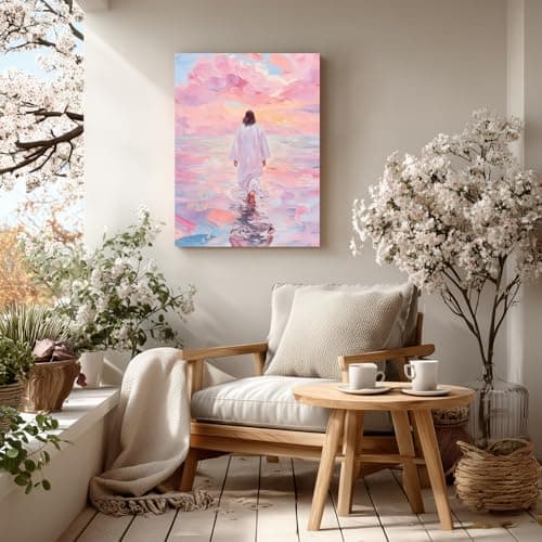 FASWQ Framed Jesus Wall Art, Pink Jesus Walking On Water Wall Decor, Minimalist Religious Savior Canvas Painting, Modern Christian Bible Aesthetic Picture for Church Hospital Prayer Areas, 16x24 Inch thumbnail 2