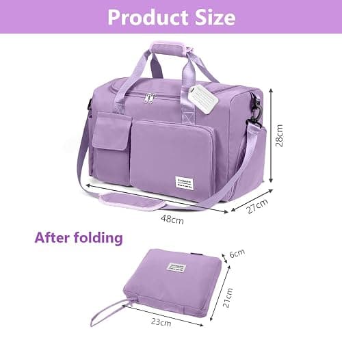 Foldable Travel Duffel With Wet and Dry Separation - Lightweight Large Capacity Holdall for Gym, Sports, Hospital, Overnight Weekend - Purple thumbnail 3