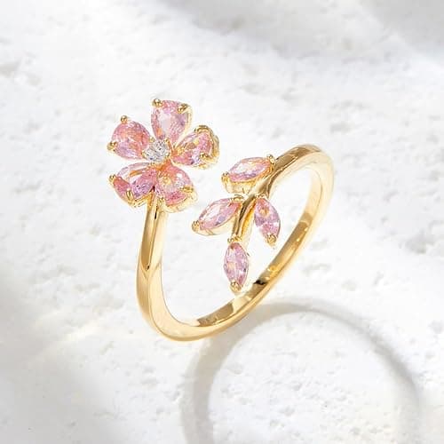 Kokoma Delicate Flower Leaf Wrap Finger Ring for Women Pink Cubic Zirconia Crystal Floral Statement Ring Promise Engagement Rings Adjustable Open Band thumbnail 2