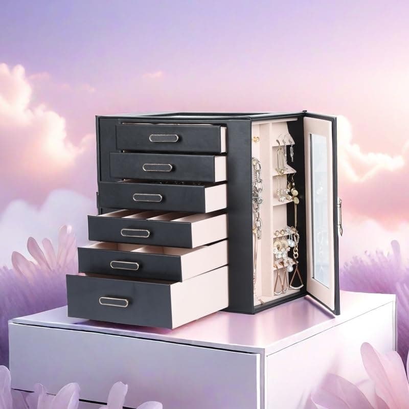 Jewelry Boxes for Women, 6 Layer Jewelry Organizer with Glass Lids, Jewelry Holder Organizer with 5 Drawers and 2 Glass Doors for Jewelry Storage, Big Jewelry Box for Womens Gift (Black) thumbnail 7