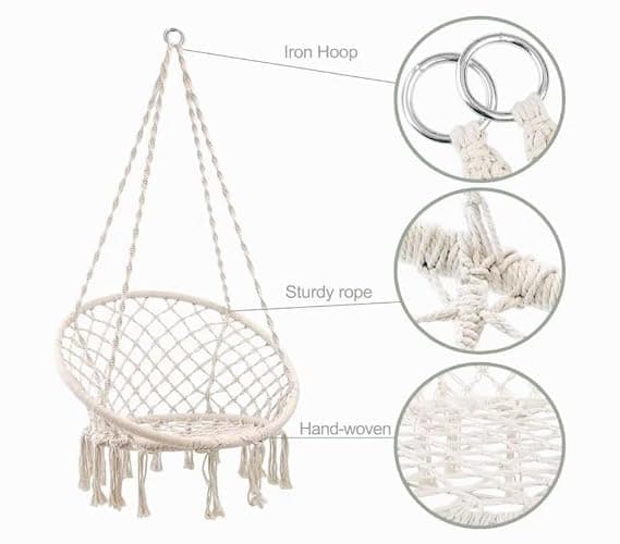 Hammock Hanging Swinging Chair,Hanging Cotton Rope Swing Chairs with Cushion and Hardware Kits, Hanging Chairs for Indoor Balcony and Outdoor Use,Perfect for Bedroom, Porch, Kids, Adults, (330 Lbs) thumbnail 4