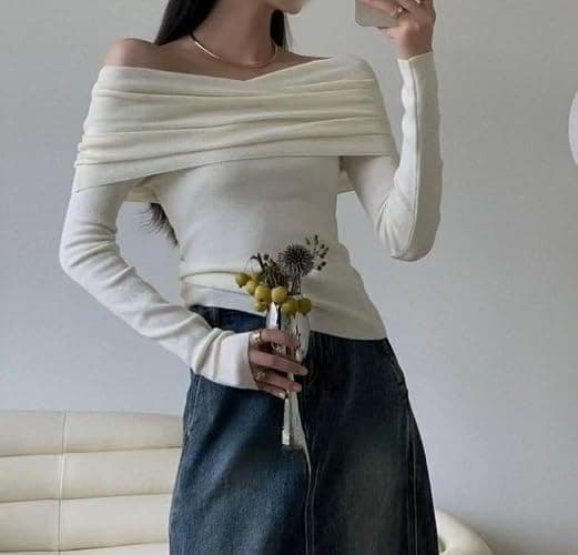 Women Long Sleeve Off Shoulder Wool Blend Y2k Aesthetic Tops Tee Knitted Sweater Shirt Pullover Fairycore Clothing thumbnail 2