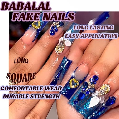 BABALAL Long Square Press on Nails - Blue Fake Nails, Luxury 3D Butterfly Gold Heart Charm Bling Design Full Cover Acrylic Nails Squoval Set 24Pcs thumbnail 5