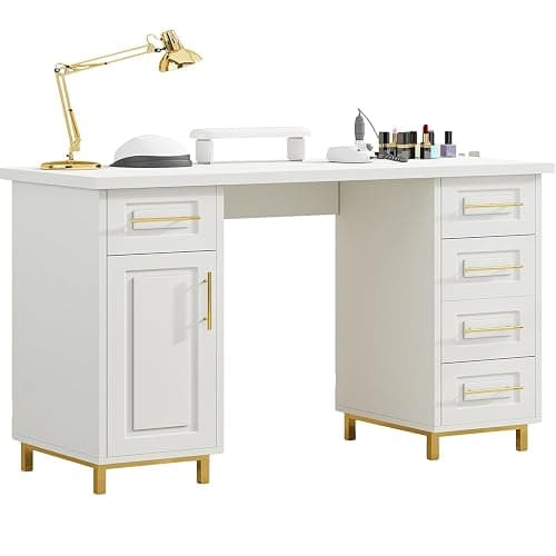 MaverickFurni Nail Tech Desk for Nail Tech, 43 Inch Wooden Manicure Table with Storage, Nail Table with 5 Drawers and Cabinet, Manicure Desk Nail Station (White) - Image 1