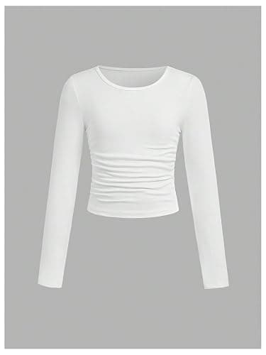 SOLY HUX Girl's 3 Piece T Shirt Crew Neck Long Sleeve Ruched Crop Tops Slim Fit Solid Basic Tee thumbnail 5