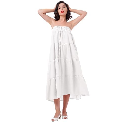 IWEMEK Women Boho Elastic Waist A Line Ruffle Beach Convertible Maxi Skirt Dress Tired Pleated Drawstring Chiffon Long Skirts thumbnail 2