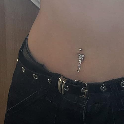 LAURITAMI 14G Dangle Belly Button Rings Set Navel Piercing Jewelry - Smooth Edges for Summer Outfits, 1.6mm Silver Tone CZ Butterfly Heart Flower Rings 5 Pcs thumbnail 6