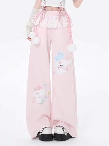 Women Y2k Kawaii 3D Plush Puppy Embroidery Sweatpants Harajuku Cutecore Lace Trim Bow Tie Baggy Casual Wide Leg Joggers thumbnail 3