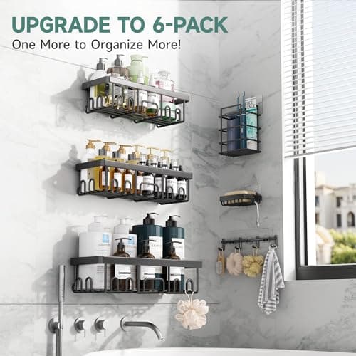 Veken Shower Caddy 6-Pack, Advanced Rustproof Design, No Drilling Adhesive Shelves, Rack with Soap Holder, Large Capacity Bathroom Organizers and Storage, Wall-Mounted Kitchen & Home Decor, Black thumbnail 5