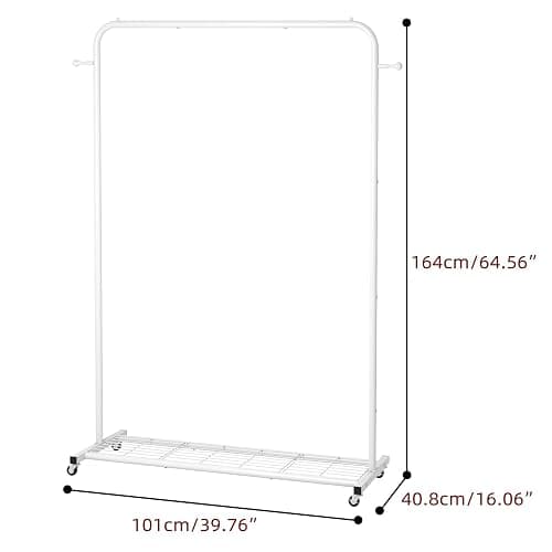 Sywhitta Clothing Rack on Wheels with Mesh Storage Shelf & Sturdy Metal Frame, Rolling Garment Rack for Hanging Clothes, Coats, Skirts, 39.76" L x 16" W x 64.56" H,White thumbnail 3
