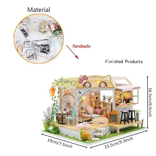 DIY Cat Cafe Puppenhaus Miniatur-Kit Katze Coffee Shop 3D Modellbausätze Holz Puppenhaus Möbel Lichter Zubehör Geburtstag für Kinder Jungen Mädchen thumbnail 6