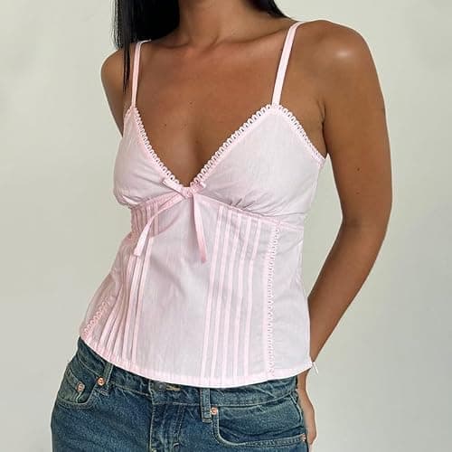 Women Y2k Babydoll Tank Tops Lace Trim V Neck Crop Cami Spaghetti Strap Peplum Top Summer Cute Aesthetic Flowy Shirts thumbnail 2