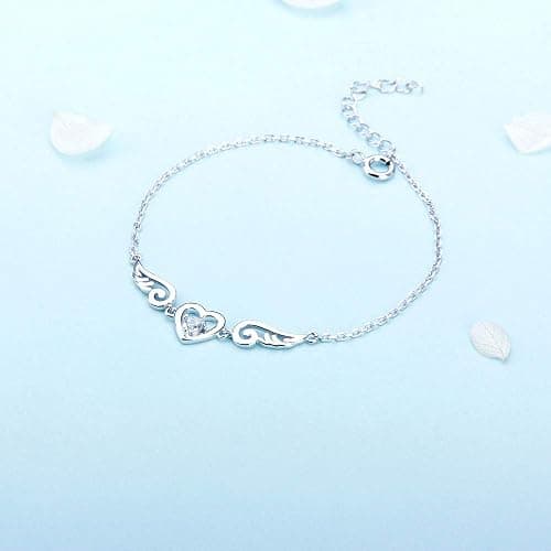 LGSY 925 Sterling Silver Guardian Angel Wings Bracelets for Women, CZ Design Heart Adjustable Chain Bracelets for Jewelry thumbnail 2