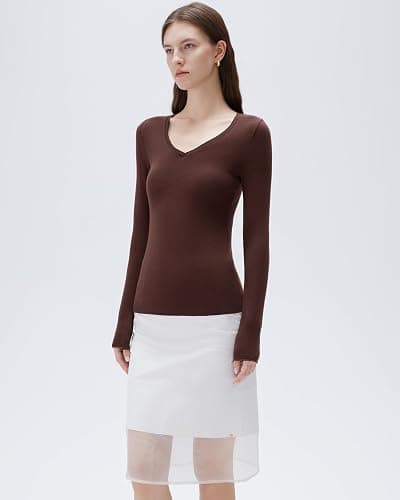SUUKSESS Cloud Cashmere Women V Neck Fitted Long Sleeve Shirt Basic Soft Knit Tops thumbnail 6