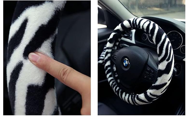 Follicomfy Fluffy Zebra Plush Steering Wheel Cover for Women/Girls/Ladies, Soft Fur Steering Cover for Winter Warm, Universal 15 inch, Black White thumbnail 3