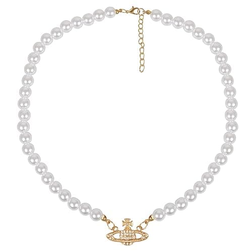 Yunison Pearl Saturn Necklace Rhinestone Pendant Planet Choker Retro Jewelry for Women Birthday Party Anniversary - Saturn-Gold