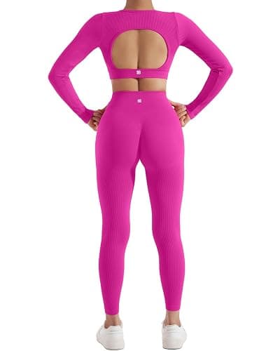 SUUKSESS Open Back Long Sleeve Scrunch Butt Booty Leggings Seamless Ribbed Workout Sets 2 Piece Outfits thumbnail 4