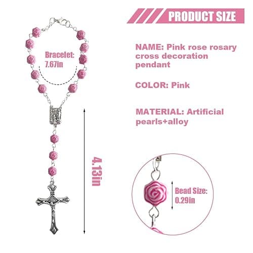 2PCS Pink Rosary Pendant Car Interior Rear View Mirror Charm Auto Decors, Medal and Cross Personalized Hanging Accessories for Women Men (Rose) thumbnail 2