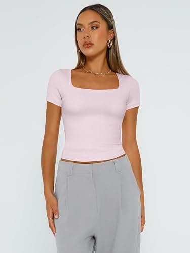 Trendy Queen Short Sleeve Shirts for Women Double Lined Square Neck Cute Going Out Crop Tops Spring Summer Teens Basic Tees thumbnail 2