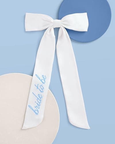 xo, Fetti Blue Bride to Be Embroidered White Hair Bow | Bachelorette Party Hairpiece, Bridal Shower Accessory, Bridesmaid Gift, Wedding Headband, Engagement Accessory thumbnail 2