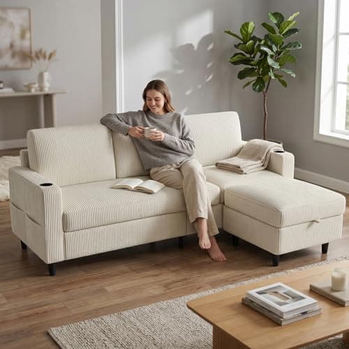 POYISOU Convertible Sectional Couches for Living Room, 3 Seats L Shaped Sofa with Storage Ottoman & 2 Cup Holders, Modern Corduroy Couch Small Sofas for Small Space, Apartment, Office, Beige thumbnail 4