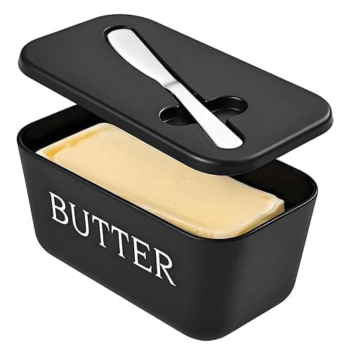 Large Plastic Butter Dish With Lid And Knife,Food Grade PP Butter Holder Keeper With Cover For Kitchen Refrigerator Black Butter Container - Image 1