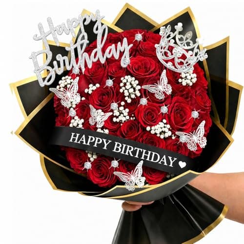 DIY Birthday Flower Bouquet Accessories Includes 2 Inch x 10 Yards Glitter Happy Birthday Satin Ribbon, Bouquet Crown, Butterfly Decor and Rhinestone Flower Pins for Birthday Gifts (Happy Birthday) - Image 1