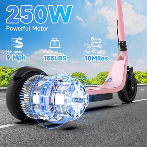Electric Scooter for Kids Ages 6–14, Pink Electric Scooter, 250W Motor, Up to 10 Miles Range, 9 MPH, Lightweight Foldable Scooter for Girls thumbnail 4