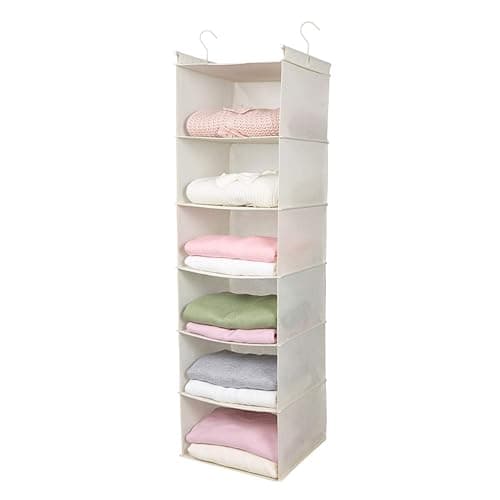 MAX Houser 6 Tier Shelf Hanging Closet Organizer, Cloth Hanging Shelf with 2 Sturdy Hooks for Storage, Foldable (Beige) - Beige