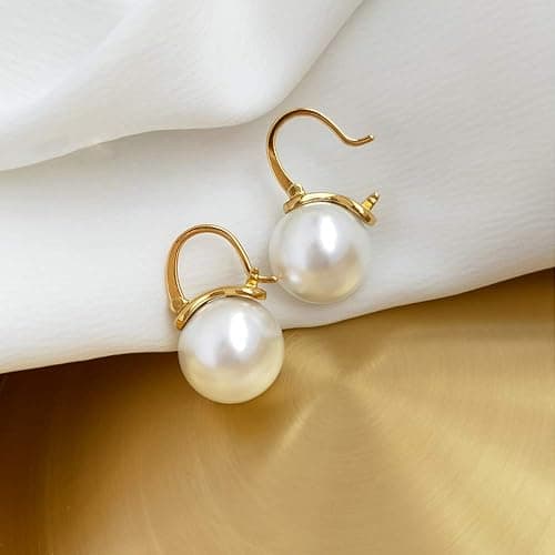 OwMell Elegant 925 Sterling Silver Pearl Drop Earrings Dangle Stud Gold Plated Earrings for Women Large Size 12mm thumbnail 5