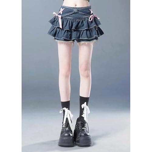 Y2K Women Ruffle Hem Blue Jean Pleated Mini Skirt - Denim Bustier Top Suit - Skirt - Small thumbnail 3