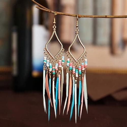 Efdagsad Bead Earrings Set Feather Tassel Gold Boho Ethnic Retro Bohemian Dangle Earring Bead Women Jewelry for Birthday Party Gifts thumbnail 4
