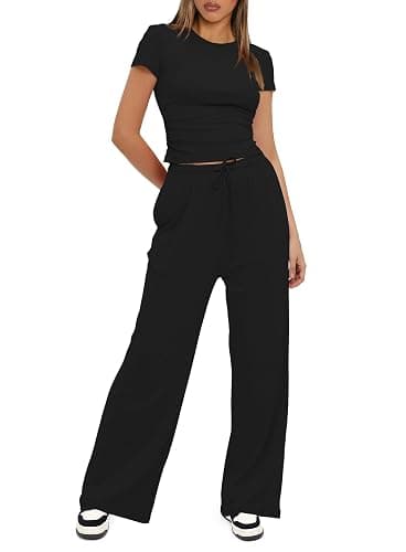 Darong Women's 2 Piece Set Outfits Lounge Sets Ruched Short Sleeve Tops High Waisted Wide Leg Pants Tracksuit Sets thumbnail 3